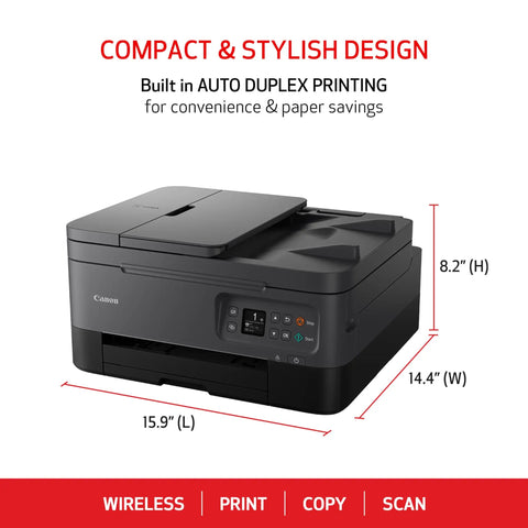 Slick All In One Wireless Color Inkjet Printer With Duplex Printing Auto Document Feeder Breezy Mobile Setup And Alexa Compatibility For Home Office Hustle shown with dimensions, stylish black design.
