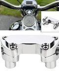 Harley CNC Aluminum One And A Half Inch Tall Handlebar Risers With One Inch Top Clamp Fits One Inch Harley Bars For Sportster XL 883 1200 Heritage Softail Fatboy Dyna FXD Chrome Ride Ready, close-up of chrome finish and mounting details.