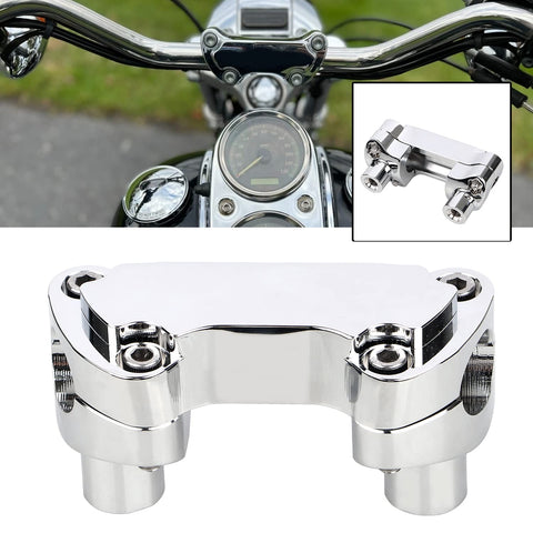Harley CNC Aluminum One And A Half Inch Tall Handlebar Risers With One Inch Top Clamp Fits One Inch Harley Bars For Sportster XL 883 1200 Heritage Softail Fatboy Dyna FXD Chrome Ride Ready, close-up of chrome finish and mounting details.