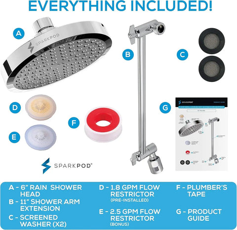 Round Rain Shower Head With Extension Arm For High Pressure Rainfall, Height Adjustable, Easy One Minute Install, 6 Inch Polished Chrome Shower Head Upgrade For A Spa Like Downpour At Home, components displayed