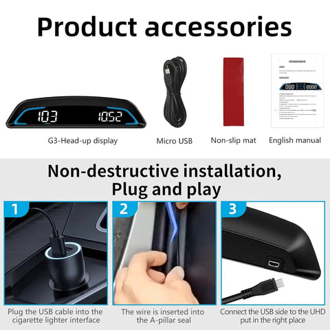 Universal GPS HUD Speedometer For Cars With 5.5 Inch LCD Display, USB cable, non-slip mat, and manual
