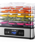 Top Shelf Food Dehydrator With 5 Stainless Steel Trays, 400 Watt Motor, 48 Hour Timer, Adjustable Temp To 160F, 360 Swirling Airflow, BPA Free, Real Deal Performance, No Sweat Setup For Jerky, Fruit, Herbs, And Pet Snacks with brightly colored sliced fruits.