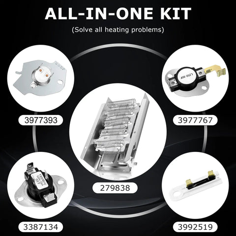 Heavy Duty Dryer Heating Element Kit Replacement W10724237 3403585 279838 for multiple dryers with installation components