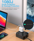Slick Flat Power Strip Surge Protector With Eight Wide Outlets And Four Fast Charge Usb Ports For Gaming Rig Home Office Boss Level Protection Heavy Duty Five Foot Extension Cord on a wooden desk.