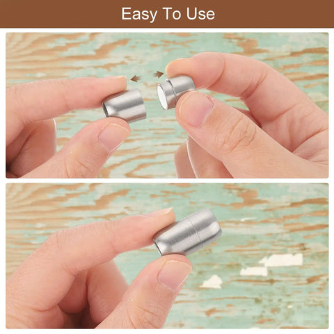 Hands demonstrating 4 Pcs Black Stainless Steel Leather Cord End Clasps With 6 Millimeter Hole for easy swapping in jewelry making.