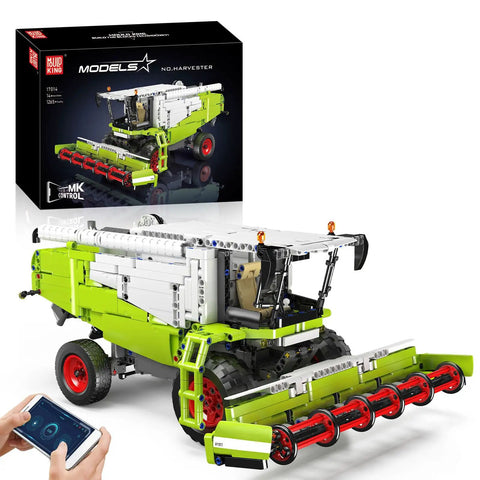Claas Lexion 760 Remote Controlled Combine Harvester Building Blocks Kit with box and remote control visible.