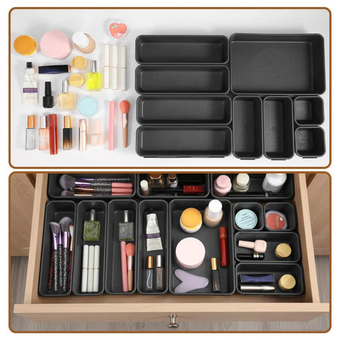 9 Piece Stackable Drawer Organizer Trays Set with modular design filled with makeup items in a drawer.