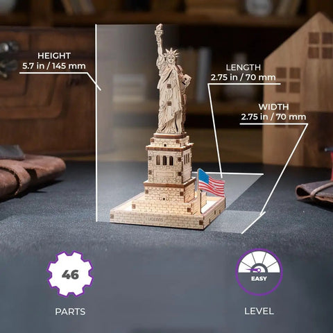 Statue Of Liberty 3D Puzzle Kit, 46 Piece Wooden DIY Model Stands 5.7 Inches, Easy Build No Glue Needed, World Cities Collection, Great Gift For Puzzle Buffs And History Lovers, with size markings and flag