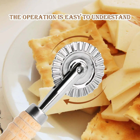 Pastry wheel cutter with fluted stainless-steel wheel and wooden handle, angled front view.