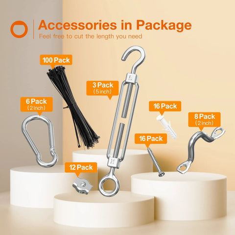 Accessories in package for 164 Ft Nylon Coated Stainless Steel Cable Hanging Kit For Outdoor String Lights Heavy Duty Guide Wire
