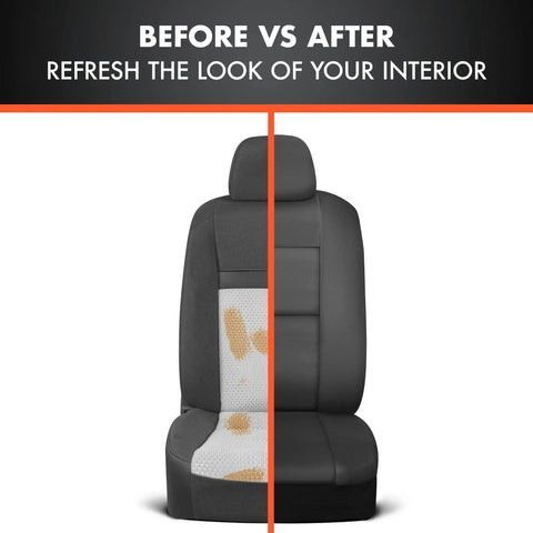Before and after of Faux Leather Car Seat Covers Full Set For SUVs And Trucks Front And Rear Split Bench Black Airbag Compatible Interior Protection No Fuss Install No Tools Required