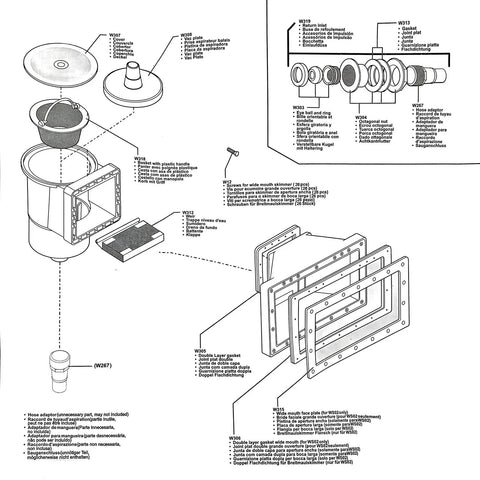 Diagram of Wide Mouth Through Wall Skimmer Kit for Above Ground Pools, showing parts for easy install debris catcher and maintenance.
