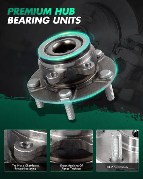 Close-up of a front wheel bearing and hub assembly for Nissan Rogue and Sentra with ABS, focus on studs and flange.