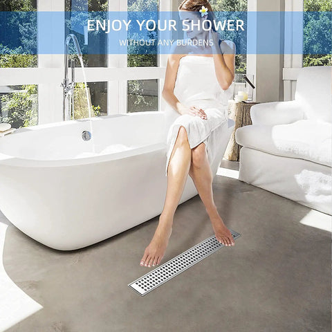 Linear Shower Drain 24 Inch Brushed Nickel Stainless Steel for Bathrooms Rectangular Shower Floor Drain with Removable Grate