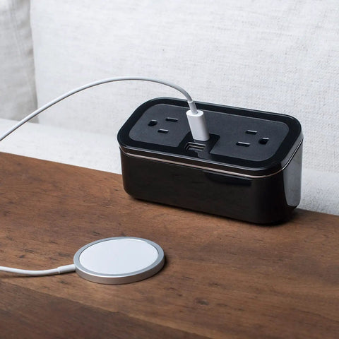 Compact Tabletop Power Strip Charging Station With 2 Tamper Resistant Outlets USB A And USB C Ports Rotated Plug Layout Ideal For Nightstands And Desk
