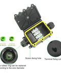 Underground Outdoor Junction Box Waterproof IP68 3 Way M20 Coaxial Cable Connector Enclosure with open view of internal components