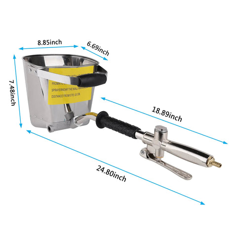 Heavy Duty Pneumatic Stucco Spray Gun With Four Jet Nozzle For Smooth Slap On Plaster Finish Air Powered Mortar Hopper Sprayer with measurements.