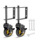 Two Pack 4 Inch Gate Casters With Brake Heavy Duty 250 Lb Capacity Spring Loaded Absorbing Solid Rubber Wheels For Wood Gates Includes Screws And Screwdriver