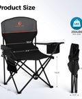 Heavy Duty Folding Chairs With Built In 4 Can Cooler Bag And Cup Holders, 250 Lbs Capacity, 2 Pack For Tailgating Beach Fishing, Portable Collapsible Outdoor Chairs In Black, showing dimensions and max load