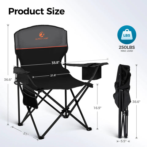 Heavy Duty Folding Chairs With Built In 4 Can Cooler Bag And Cup Holders, 250 Lbs Capacity, 2 Pack For Tailgating Beach Fishing, Portable Collapsible Outdoor Chairs In Black, showing dimensions and max load