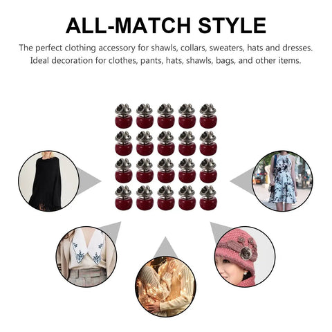 20 Piece Set Of Hidden Clothes Buttons With Resin Cherry Safety Brooch Closures For Shirts Pants And Hats displayed in various outfits.