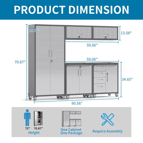 Dimensions of Garage Storage Cabinet System 5 Piece Workshop Set with adjustable shelves and rolling cart details shown