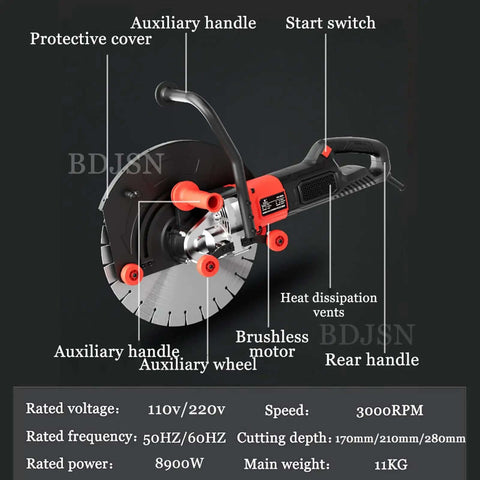Heavy Duty Electric Concrete Edge Cutter Saw With 8900W Wall Cutting Motor And Water Pump Kit features brushless motor and protective cover.