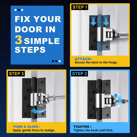Upgraded Door Hinge Adjustment Tool With Adjustable Wrench For Sagging Doors Stainless Steel Hinge Repair Kit usage steps.