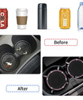 Before and after comparison of Four Pack Car Coasters With Crystal Rhinestones Universal 2.75 Inch Silicone Cup Holder Inserts.