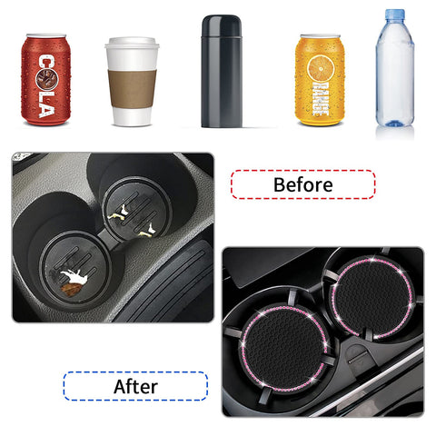 Before and after comparison of Four Pack Car Coasters With Crystal Rhinestones Universal 2.75 Inch Silicone Cup Holder Inserts.