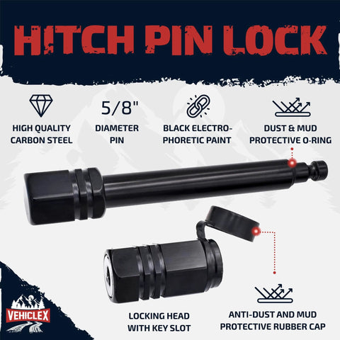 Beefed Up Trailer Hitch Pin Lock For Two Inch Receivers With Five Eighth Inch Locking Pin And Tubular Key Fits Class III And IV Hitches Built Tough Against Dust Mud And Thieves shown with locking head and rubber cap.