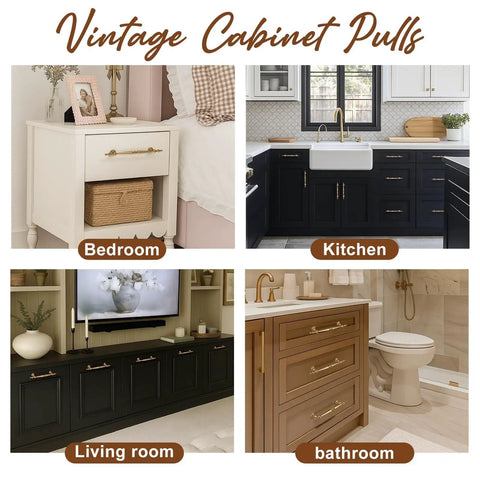 Antique Brass Cabinet Pulls Set Of 10 With Five Inch Hole Center For Kitchen Cabinets And Dressers Vintage Drawer Handles In Champagne Bronze Finish shown in various room settings.