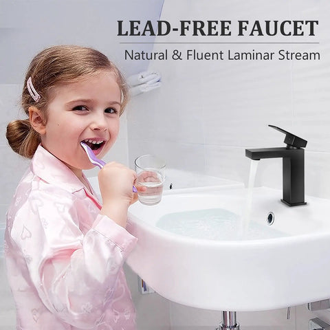 Child brushing teeth beside Matte Black Bathroom Faucet With Solid Brass Construction Single Lever Vanity Faucet Lead Free