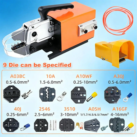 Heavy Duty Pneumatic Terminal Crimping Tool With Foot Pedal Operated Air Plier Machine For 0.5 To 16mm2 Wires with various die options.