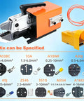 PioMue Air Powered Pneumatic Crimping Tool For Wire Terminal Machines With Nine Replaceable Dies For Up To 16mm Squares viewed with specified die options for versatile use.