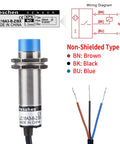 M18 Capacitive Proximity Sensor Non Shield Type LJC18A3 B Z BX Detector Detects Dielectric Materials Up To Ten Millimeters With 10 To 30 Volt DC And 200 Milliamp NPN Normally Open Three Wire, front view showing wiring diagram and labeling.