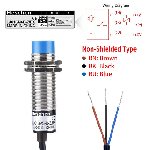 M18 Capacitive Proximity Sensor Non Shield Type LJC18A3 B Z BX Detector Detects Dielectric Materials Up To Ten Millimeters With 10 To 30 Volt DC And 200 Milliamp NPN Normally Open Three Wire, front view showing wiring diagram and labeling.