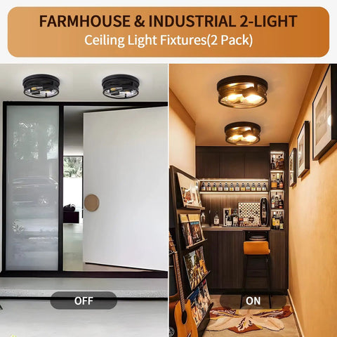 Farmhouse Black 2 Light Flush Mount Ceiling Light Fixture with Industrial Metal Cage Shade in hallway and bar area, on and off.