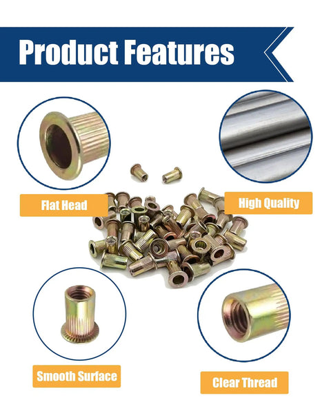 Rivet Nut Assortment Kit Pro Grade Galvanized Carbon Steel 505Pcs, showing flat head, smooth surface, and clear thread features.