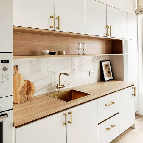 Modern kitchen with Champagne Bronze Cabinet Pulls 3 Inch Center To Center 76mm Pack Of 10 Honey Bronze Kitchen Handles on white cabinets
