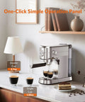 Heavy Duty 20 Bar Espresso Machine Boasts Pro Steam Frother And Brushed Stainless Body Includes 40 Oz Quick Fill Tank for brewing espresso shots with double and single cups.