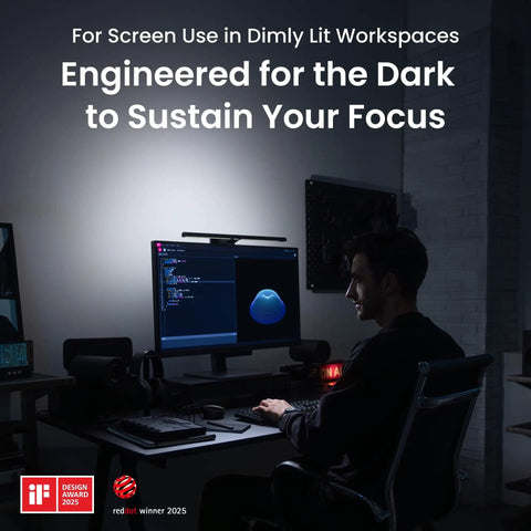 ScreenBar Halo 2 LED Monitor Light Bar With Wireless Controller illuminating a dimly lit workspace, enhancing focus.