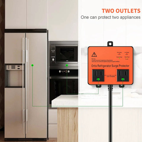 Beefed Up Refrigerator Surge Protector With Double Outlet Voltage Guard And Time Delay For Home Appliances in kitchen setup