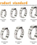 Assorted sizes of hose clamps from the 125 Piece 7 To 21mm Single Ear Hose Clamps Kit in 304 Stainless Steel with pincer