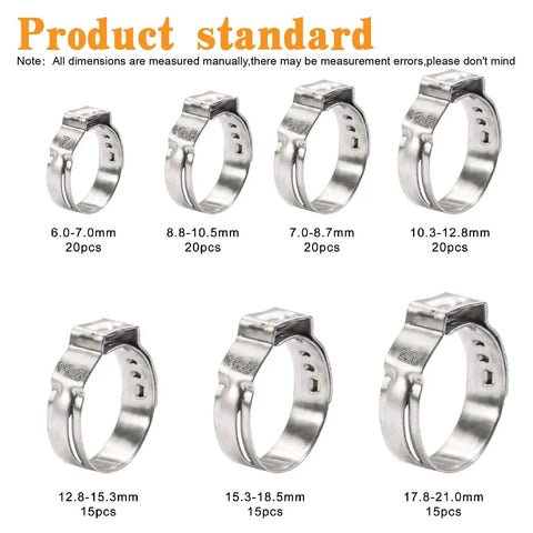Assorted sizes of hose clamps from the 125 Piece 7 To 21mm Single Ear Hose Clamps Kit in 304 Stainless Steel with pincer