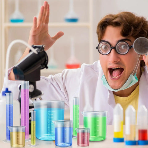 16 Piece Plastic Chemistry Lab Kit With Graduated Cylinders And Beakers, Pipettes, Funnel And Brush for science projects display