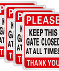 Four Pack Please Keep Gate Closed Signs 10x7 Inches Hella Tough Weatherproof Aluminum Warning Plaque With Reflective Rust Proof Finish For Backyard Gate Or Shed Door Indoor Outdoor No Fuss Display In Red White Black laid out together.