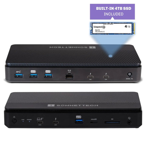Rock Solid Thunderbolt 5 SSD Dock With Four Thunderbolt Links Plus Extra Ports For Smooth 8K Grind And Flat Out Speeds Using 4TB Kingston PCIe NVMe Storage, showing ports and built-in SSD.