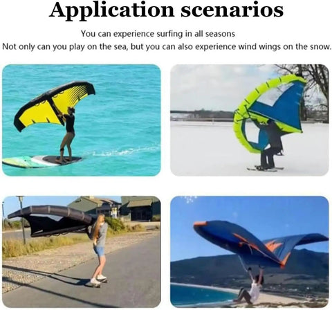 Applications of Inflatable Surf Wing With Pump For Wing Foil Kiteboarding On Paddle Boards And Hydrofoils in different environments.