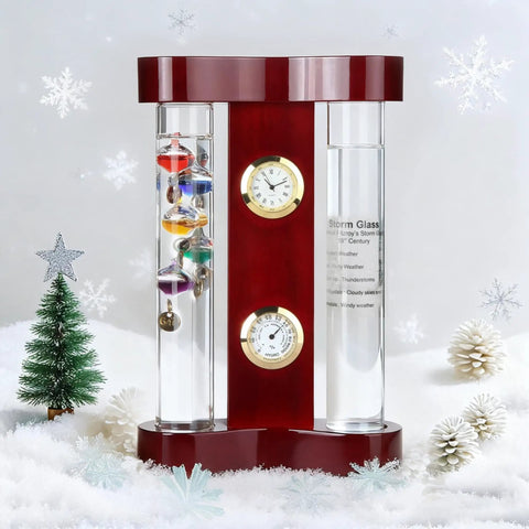 4 in 1 Analog Weather Station for Desk with Galileo Thermometer and FitzRoy Storm Glass, Quartz Clock and Hygrometer